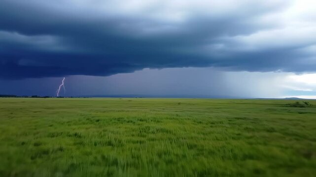 Dramatic thunderstorm over the green field with lightning and dark clouds