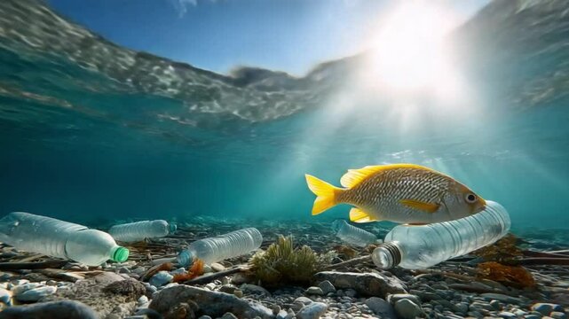 Underwater Predicament: A solitary fish swims among discarded plastic bottles in a polluted ocean, with the sun shining down, highlighting the pressing environmental issue.