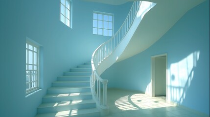 Modern White Spiral Staircase 3D Rendering in Serene Blue Room with Sunlight & Doorway Transition for Architectural Visualization