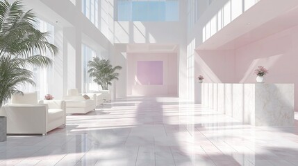 Minimalist Modern Office Lobby: White Marble Floors with Light Pink Accents, High Ceilings and Natural Light Serene Interio