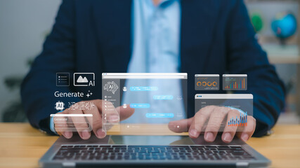 Person engaging with AI interfaces on a laptop, symbolizing advanced artificial intelligence, data analytics, and content generation. Ideal for machine learning, automation, and digital transformation