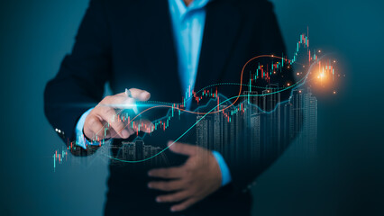 Business person analyzing financial graphs, symbolizing market growth, investment strategies, and economic development. Concepts of stock trends, Corporate finance, future planning, and data analytics
