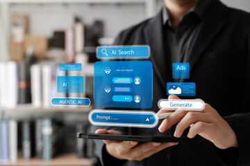 Businessman interacting with AI search interface on tablet, featuring intelligent chatbot, prompt input, and futuristic digital assistant for next-gen artificial intelligence technology.