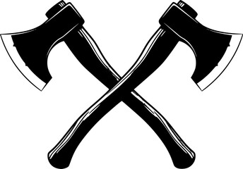 Two crossed black axes with sharp, curved blades and long wooden handles