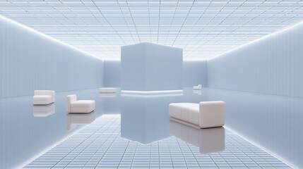 Modern Minimalist White Living Room with Light Blue Tiles, Futuristic Grid Walls & Furniture Layout for 3D Rendering or Commercial Space Background