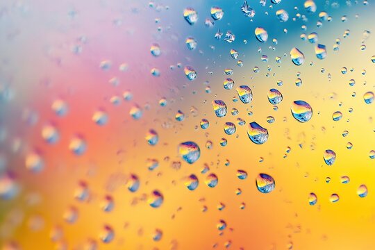 Close-up of water droplets on a glass surface. The background features a colorful blurred gradient of orange and blue hues.