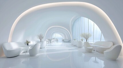 Futuristic White Minimalist Interior: Curved Windows and Sleek Furniture with Soft Lighting for Luxury Tranquility 3D Render
