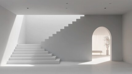 Modern Minimalist White Staircase 3D Rendering with Arched Wall and Daylight Effects for Architectural Visualization