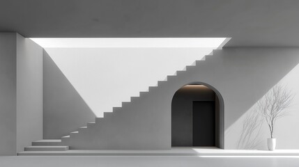 Modern Minimalist Architectural Interior 3D Render: White Wall with Arched Door and Staircase Under Overhead Lighting