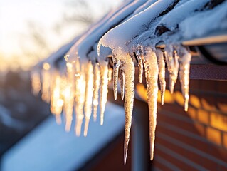 Melting icicles hanging from roof house exterior nature photography winter sunset close-up seasonal beauty