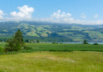 Switzerland, Meiringen, a large green field with a mountain in the background