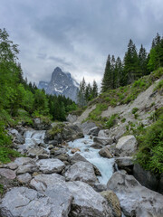 Switzerland, Meiringen, a rocky river with trees on the side of a mountain
