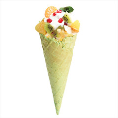 Green tea waffle cone with ice cream and assorted fruits