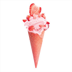 Strawberry waffle cone with ice cream and assorted fruits