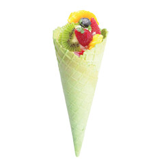 Green tea waffle cone with ice cream and assorted fruits