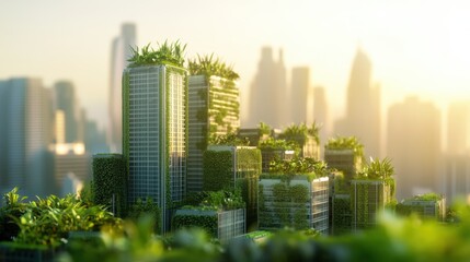 Obraz premium Futuristic cityscape with green rooftops and integrated vertical farms, symbolizing urban agriculture