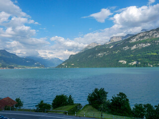 Switzerland, Meiringen, a body of water with a mountain in the background