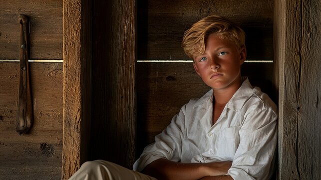 Thoughtful young boy with blond hair sitting against wooden walls in a rustic setting