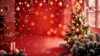 Magical Christmas Scene Red Room with Decorated Tree and Falling Snow