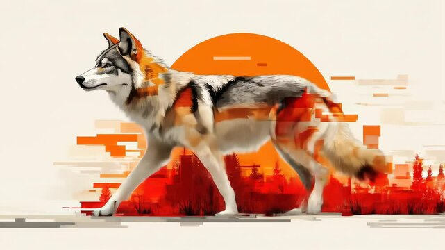 A wolf walking against a sunset with glitching landscape design, full body view