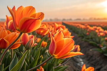 Vibrant Orange Tulip Field at Sunrise Capturing the Beauty of Spring with Rows of Flowers Stretching to the Horizon