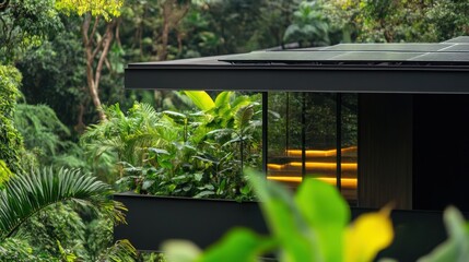 Solar panels integrated into a rooftop of a modern building with lush greenery surrounding it, 