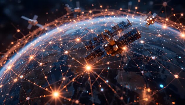 Global network satellites orbiting the Earth technology connection