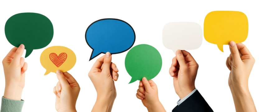 Diverse Hands Holding Colorful Speech Bubbles