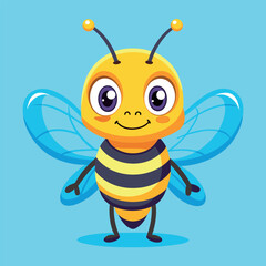 Fototapeta premium Cartoon Bee Character with Big Eyes and Blue Wings on Blue Background