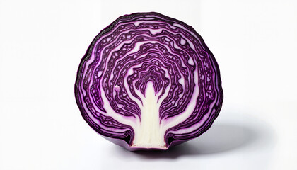 Obraz premium Purple cabbage cut vertically in surreal food art on a white background 