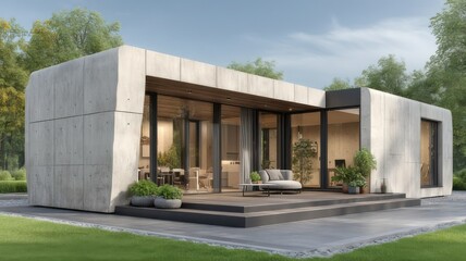 Obraz premium modern house with large windows small deck and yard