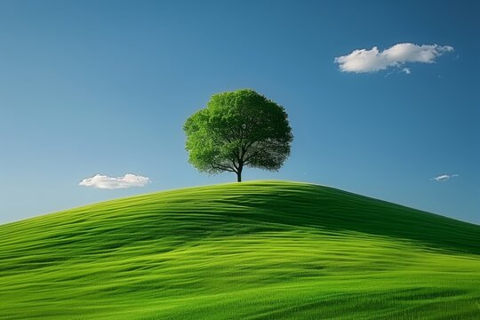Solitary Tree on Lush Green Hill Amidst Vast Blue Sky with Whimsical Clouds
