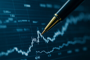 AI generated a close up of a pen tip touching a digital financial chart with line and bar graphs representing strategic market analysis in a high tech environment
