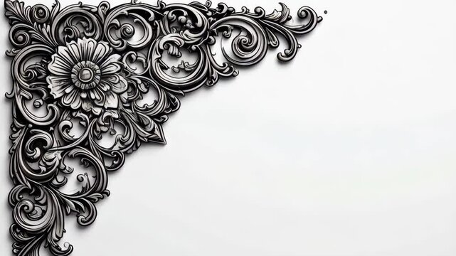 Elaborate flourish frame design featuring intricate filigree with a flower on a blank white backdrop for design elements
