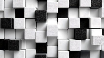 Black and white cubes create an abstract geometric pattern with texture and depth in a modern design
