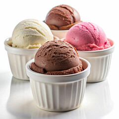 A delicious Neapolitan ice cream in white containers, featuring classic layers of chocolate, vanilla,