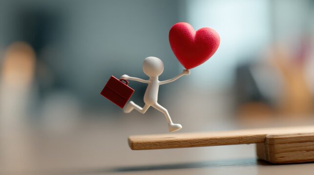 Balancing a briefcase and heart, a stick figure shows the need to manage work responsibilities alongside emotional and personal life.
