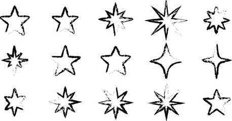 Grunge star shape sketch icons in black outline style showing multiple spiked star and sparkle variations for rating, effect, or decoration