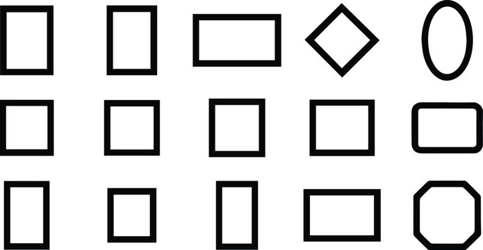 Basic geometric shape icons in black outline including rectangles, squares, diamonds, ovals, and octagons for design use