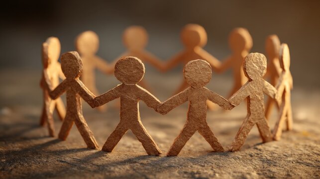 Stick figures standing in a circle highlight teamwork, showing how community members unite to achieve common objectives and support each other.
