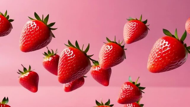 	
Animated Flying fresh strawberries on a vibrant pnik background.3d rendering.	

