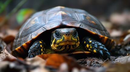 Obraz premium A close up view of an ornate turtle on the forest floor