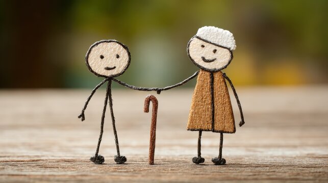 Stick figure helping an older person with a cane reflects kindness and respect, showing care for every generation in the community.
