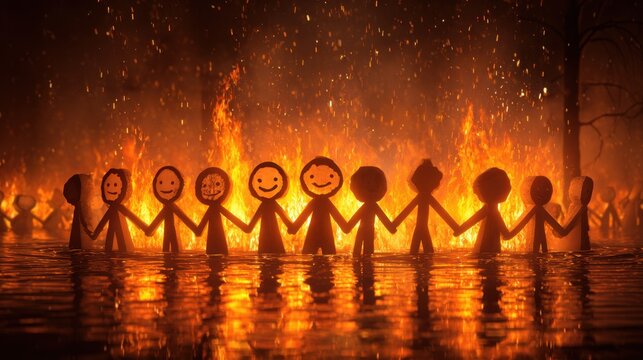 Stick figures aiding during floods or fires highlight the importance of teamwork in overcoming challenges.
