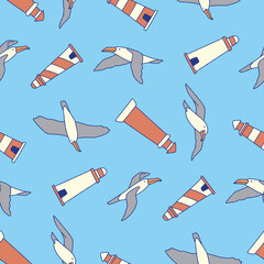 Vector Seamless Pattern of Albatross Animal Lighthouse Background for Fashion Wrapping Print Fabric Surface
