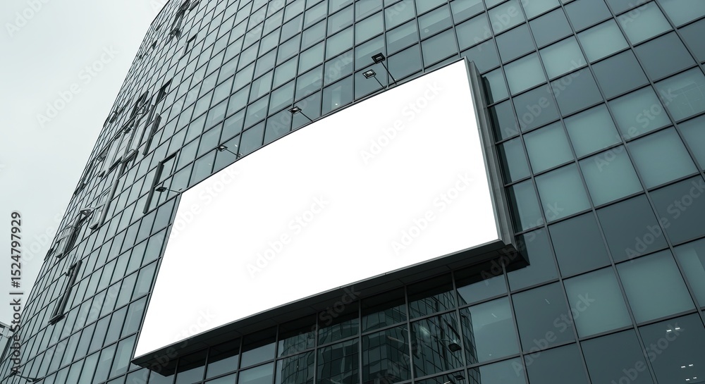 Poster modern architecture with a blank billboard on a glass facade in an urban setting