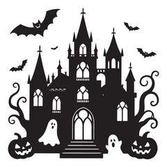 Castle on the hill at night in a fantasy medieval village in white backraund