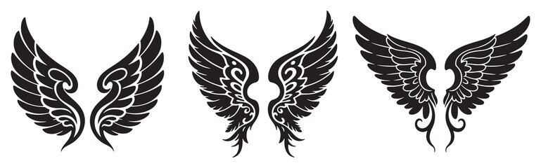 Wheat ears and flying bird wings vector silhouette illustration set