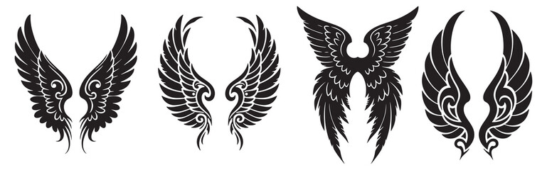 tatto wings style silhouette vector illustration set in white backraund