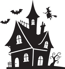 Halloween haunted house with bats flying at night